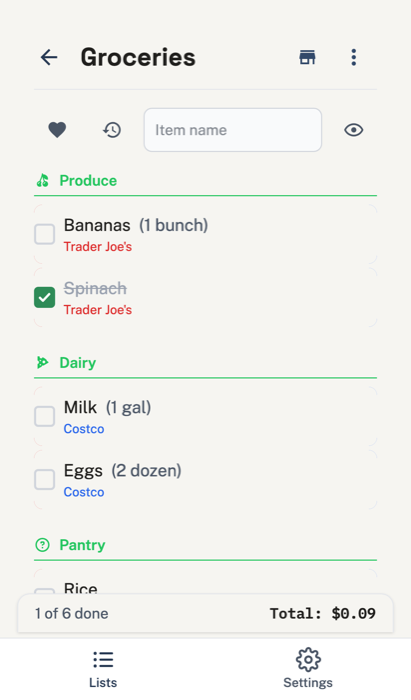 A Groceries list with items grouped under Produce, Dairy, and Pantry category headers, some checked off