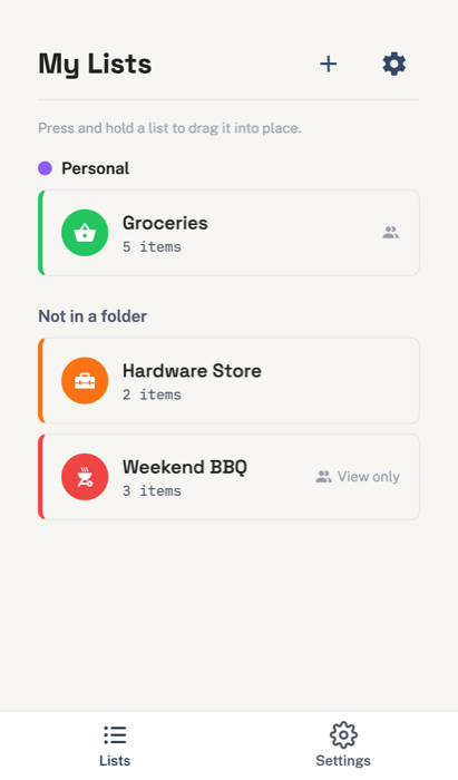My Lists screen showing Groceries, Hardware Store, and Weekend BBQ lists, each with its own color and icon