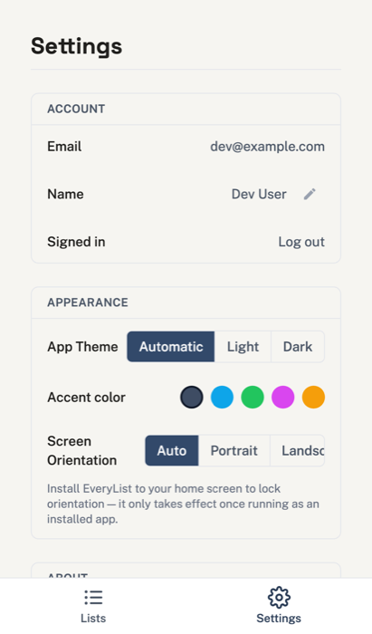 The settings screen