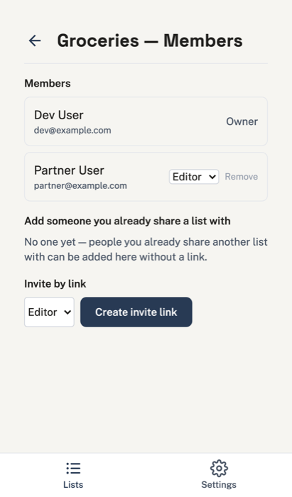 The sharing screen for inviting other people to a list
